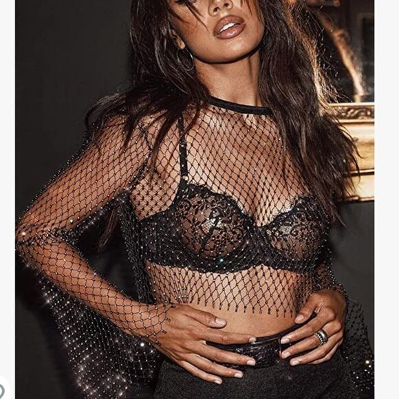 Black beaded and mesh party top - Picture 2 of 3